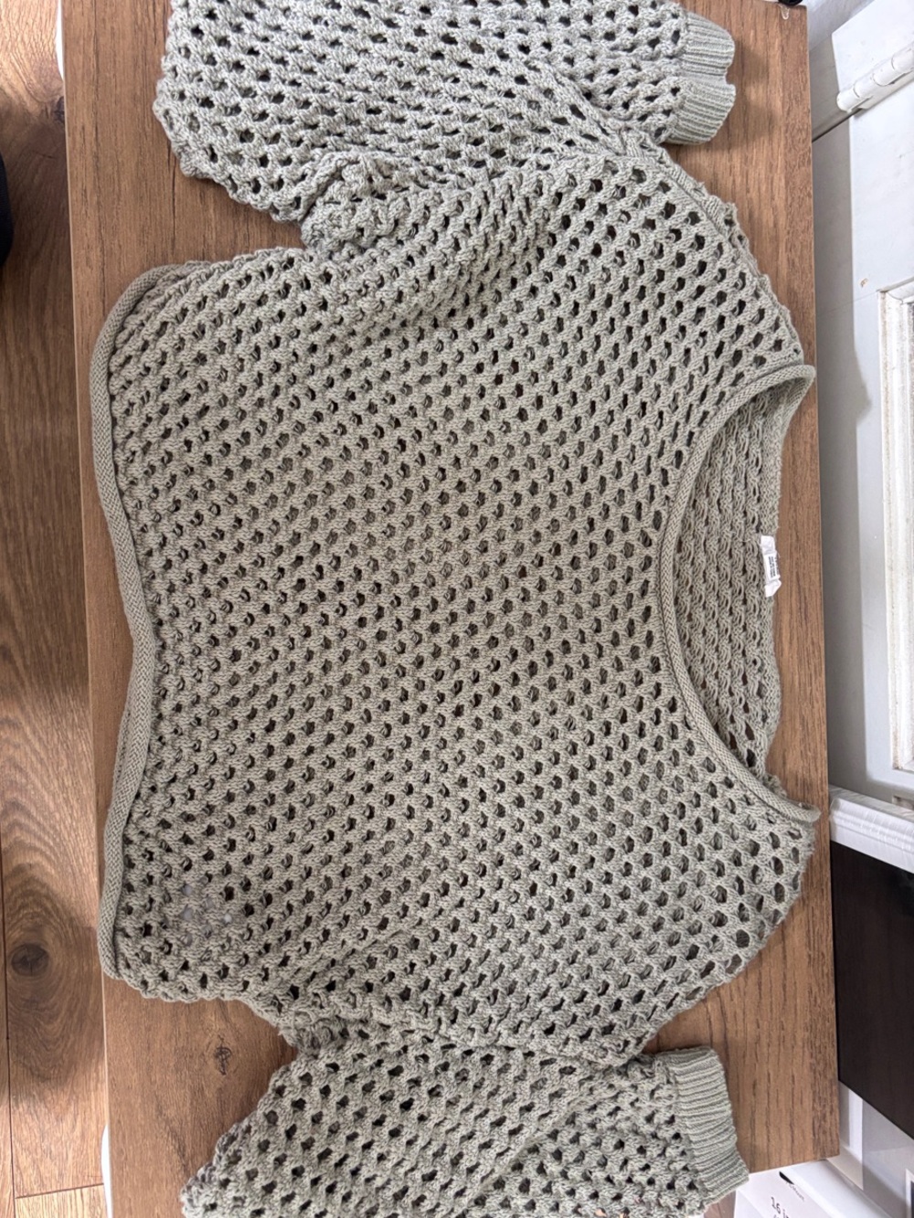 Garage Open-Weave Crochet Crew Sweater in Light Olive